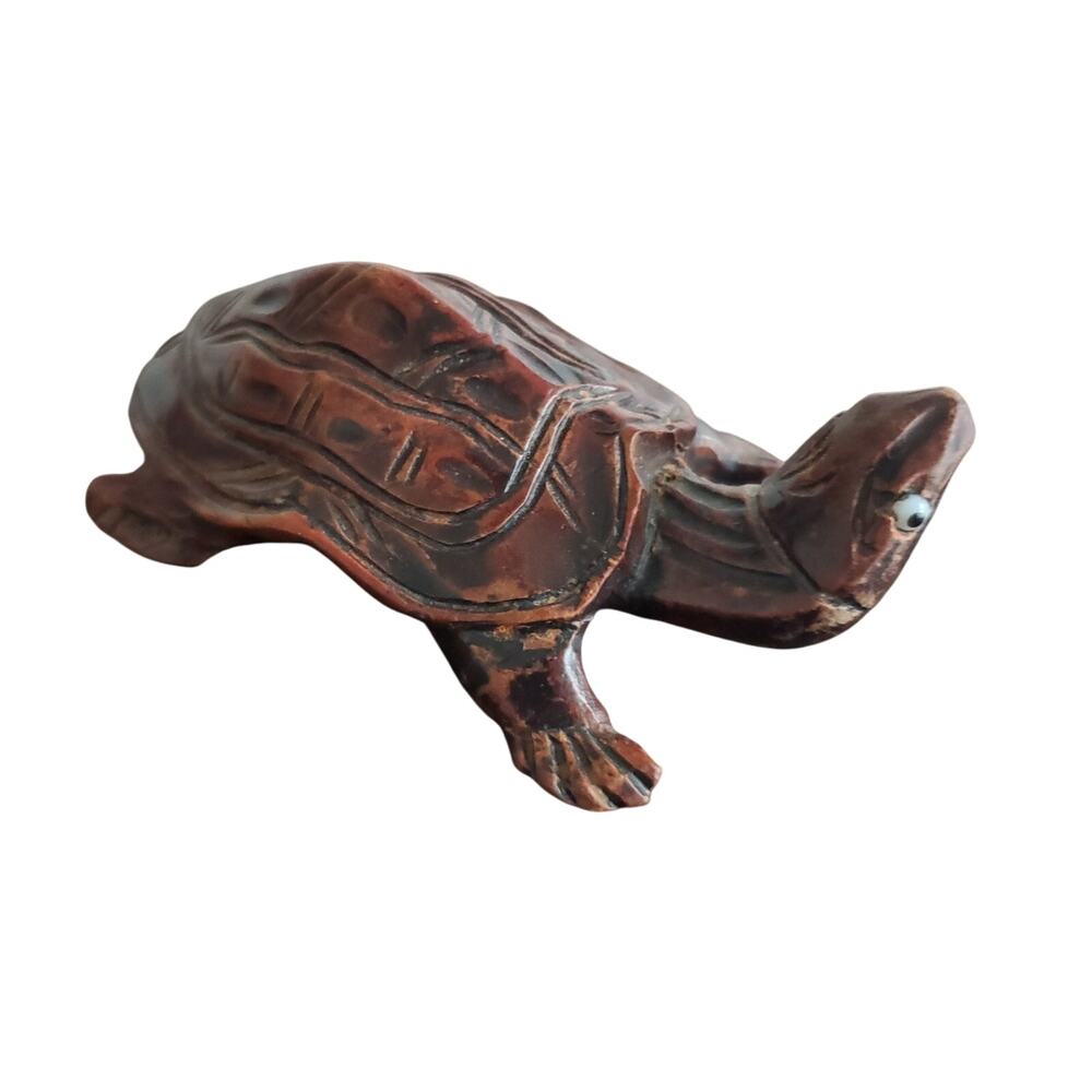 Antique 1930s Rosewood Hand Carved Turtle & Glass Eye 3.5" Wooden Shelf Figurine